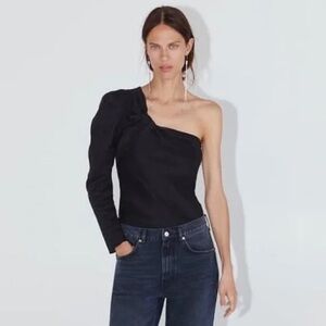 Zara Asymmetric One-Shoulder Black Puff-Sleeve Top